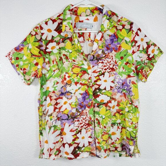 Jams World Tops - Jams World "Daisy Patch Red" Blouse MEDIUM Hawaiian Floral Aloha Button Up